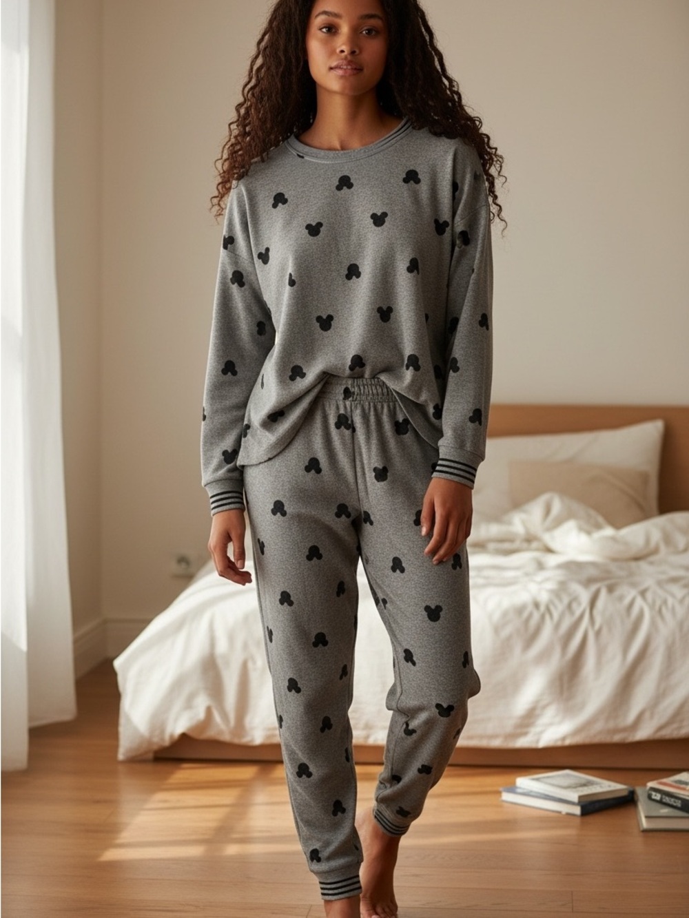 Disney Grey and Black Mickey Print Women's Pajama Set - Picture 1 of 6